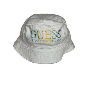 Guess white embroidered bucket hat pastel logo womens unisex cotton OSFM